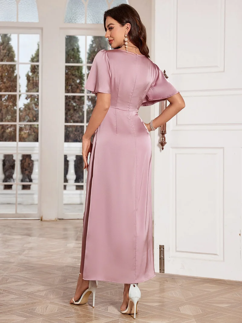 OUTZIDR Pink Cowl Neck Slit Dress